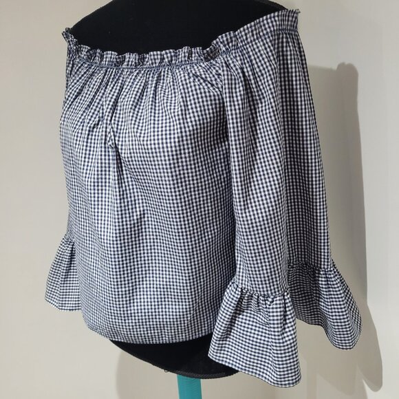 Atmosphere Off the Shoulder Ruffled Gingham Print Blouse Size 0 Blue and White - Picture 3 of 11